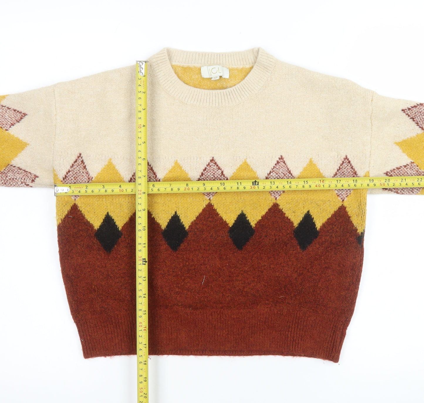 JCL Womens Multicoloured Argyle Knit Crew Neck Pullover Jumper M