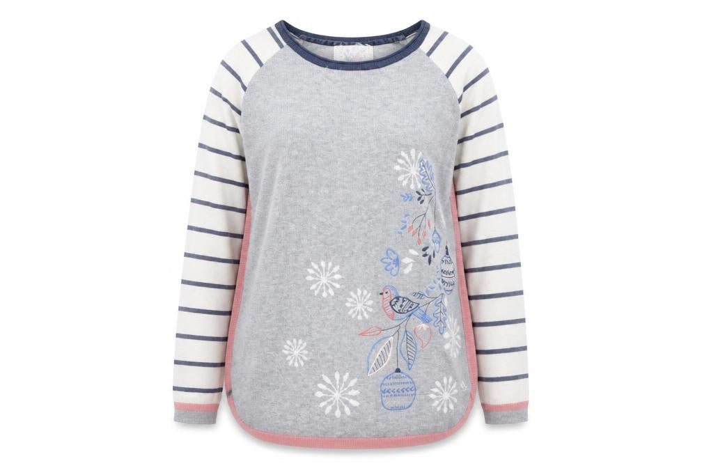 Front view of Mantaray women’s grey, size UK 14, embroidered bird jumper