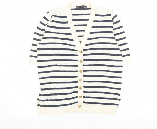 Marks and Spencer Women’s Cream Striped Cardigan Small Cotton Knit