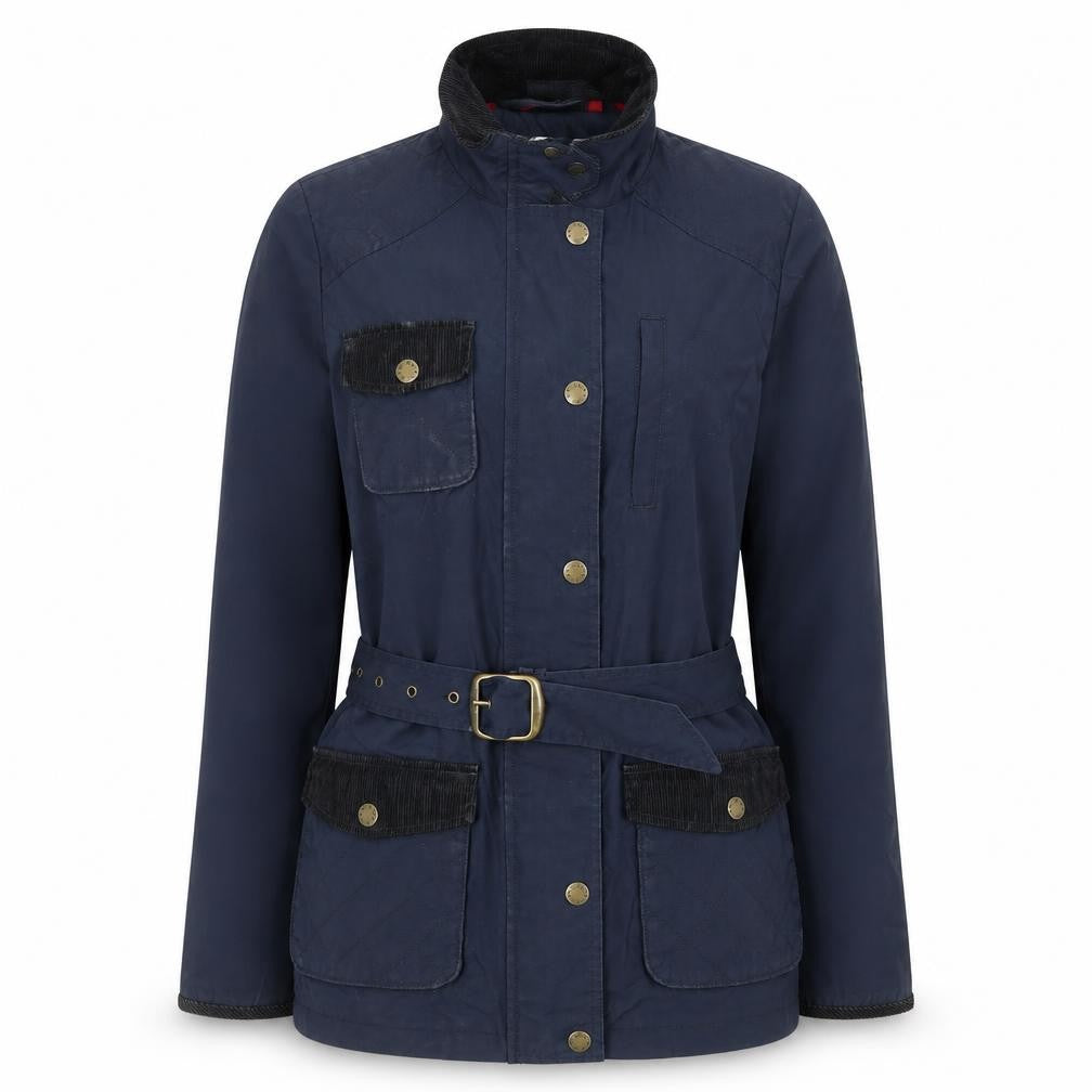 Front view of FatFace Women's Blue Belted Parka Jacket, size 12, Lined Outdoor Style