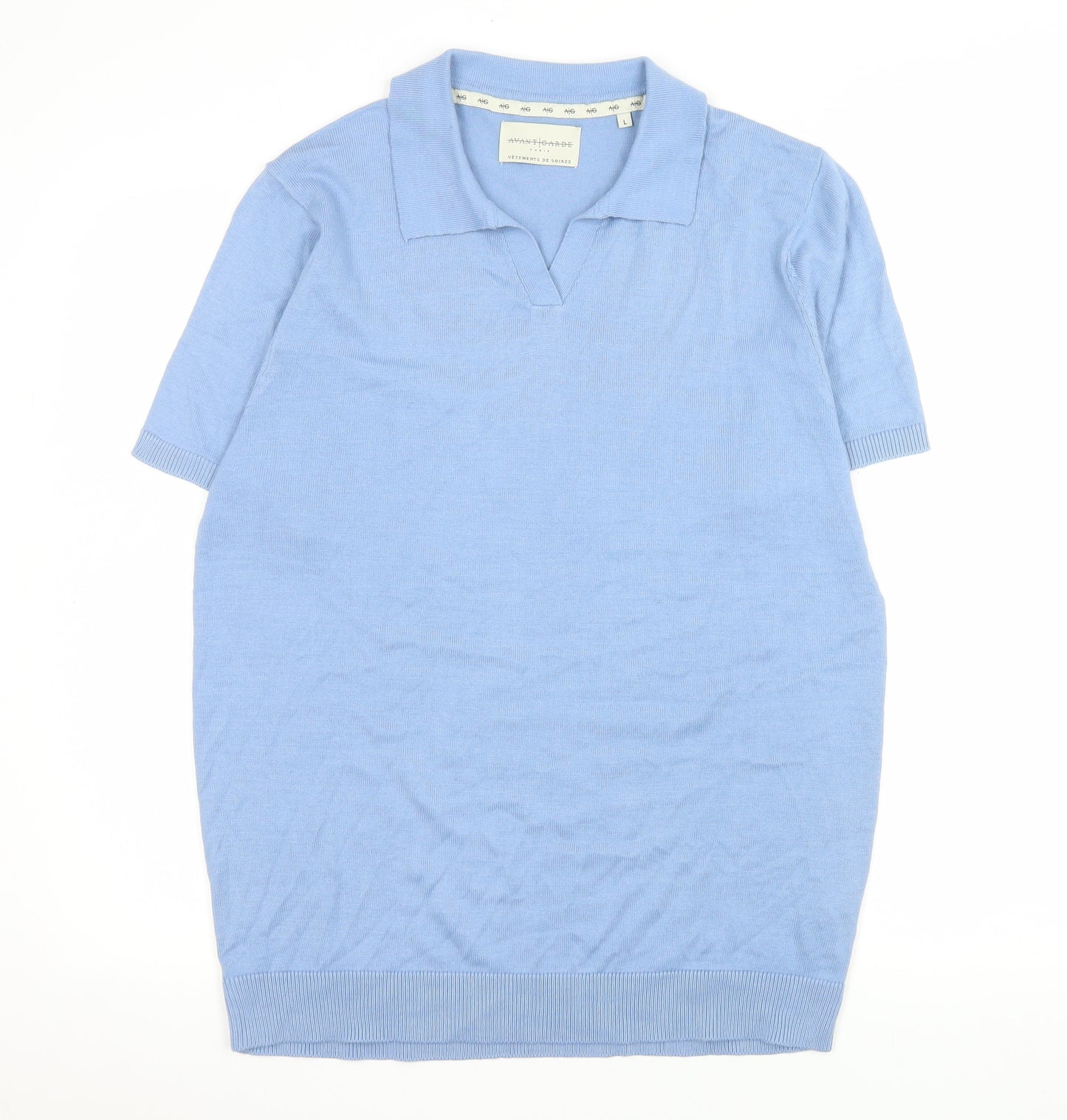 Avantgarde Paris Women Blue Knit Short Sleeve Polo Top Size L