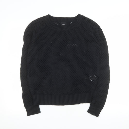 Idano Womens Black Open-Knit Cotton Merino Crew Neck Jumper S