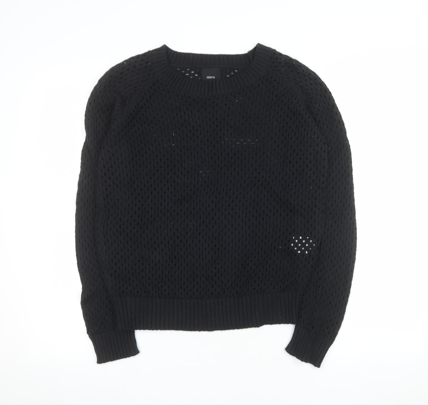 Idano Womens Black Open-Knit Cotton Merino Crew Neck Jumper S