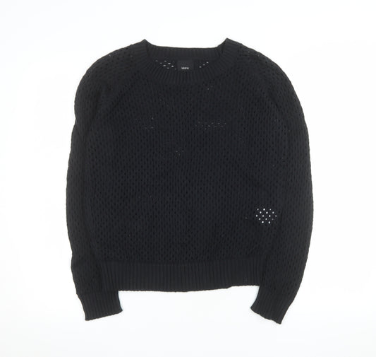 Idano Womens Black Open-Knit Cotton Merino Crew Neck Jumper S