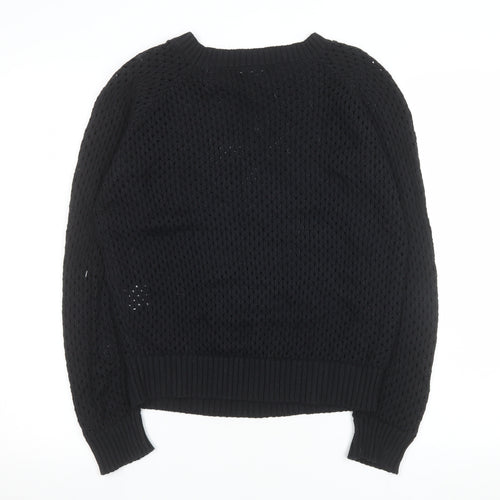 Idano Womens Black Open-Knit Cotton Merino Crew Neck Jumper S