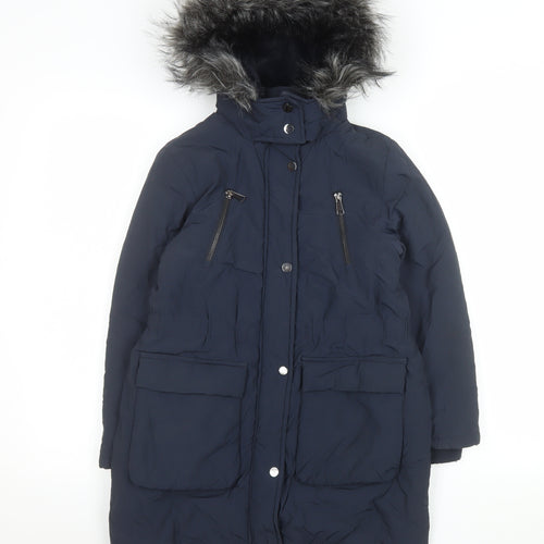 Next Girls Blue Faux Fur Hooded Long Parka Coat 9 Years Winter Jacket