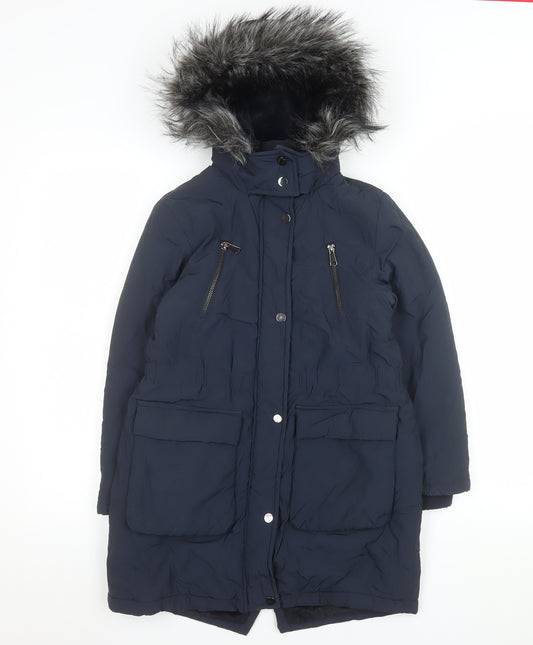 Next Girls Blue Faux Fur Hooded Long Parka Coat 9 Years Winter Jacket