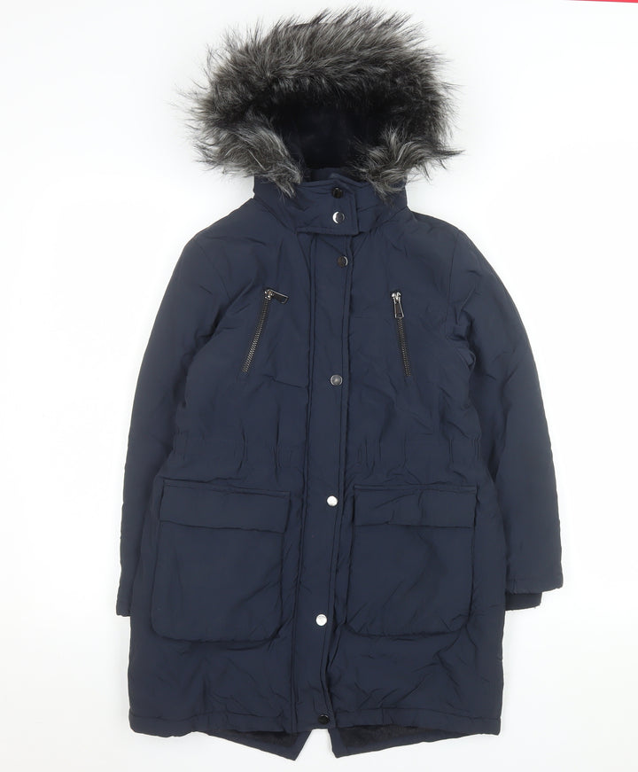 Next Girls Blue Faux Fur Hooded Long Parka Coat 9 Years Winter Jacket