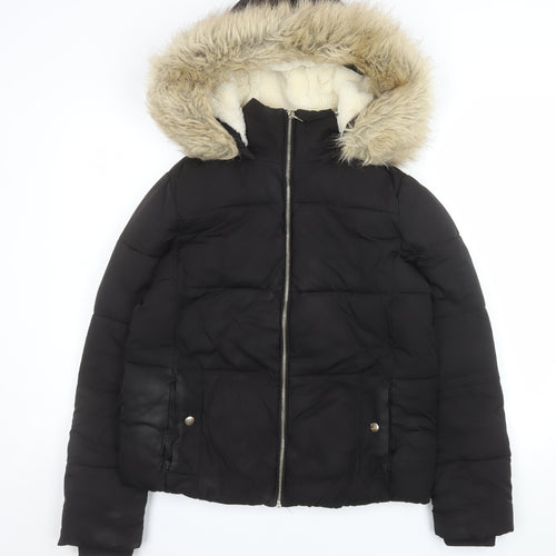 Miss Selfridge Women’s Black Faux Fur Hooded Puffer Jacket Size 8