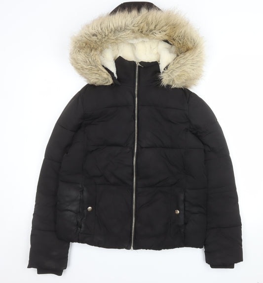 Miss Selfridge Women’s Black Faux Fur Hooded Puffer Jacket Size 8