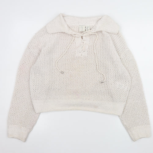Joie Women's Ivory Open-Knit Sequin Collared Pullover Jumper Size L