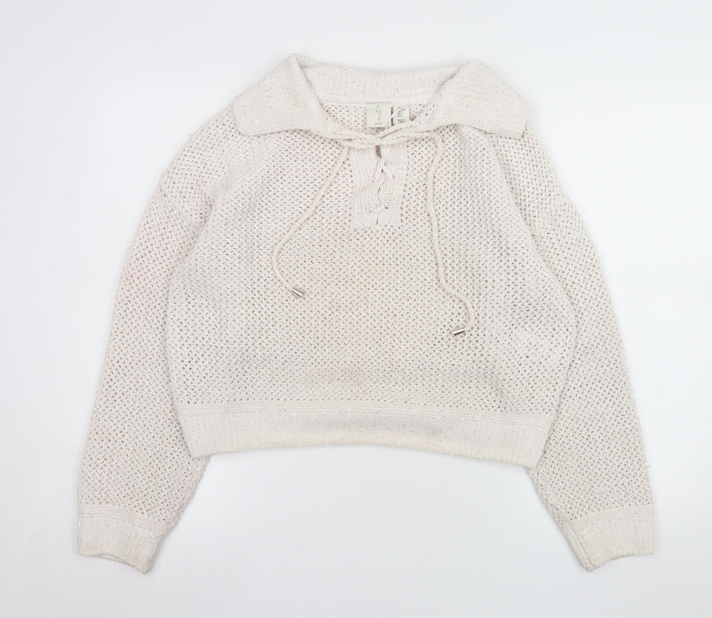 Joie Women's Ivory Open-Knit Sequin Collared Pullover Jumper Size L