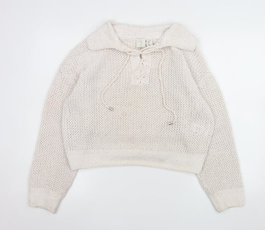 Joie Women's Ivory Open-Knit Sequin Collared Pullover Jumper Size L