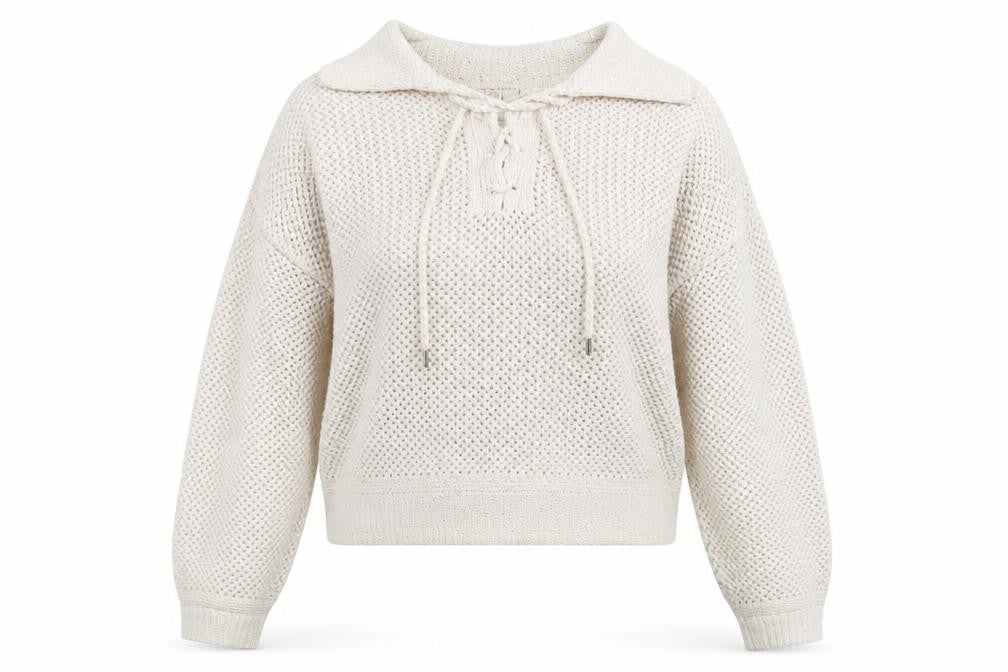 Front view of Joie Women's Ivory Open-Knit Sequin Collared jumper, size L