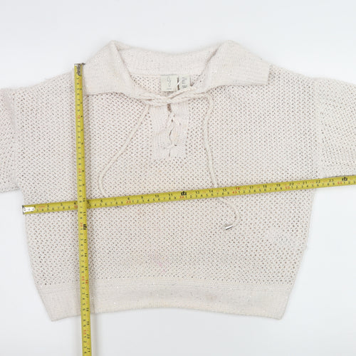 Joie Women's Ivory Open-Knit Sequin Collared Pullover Jumper Size L