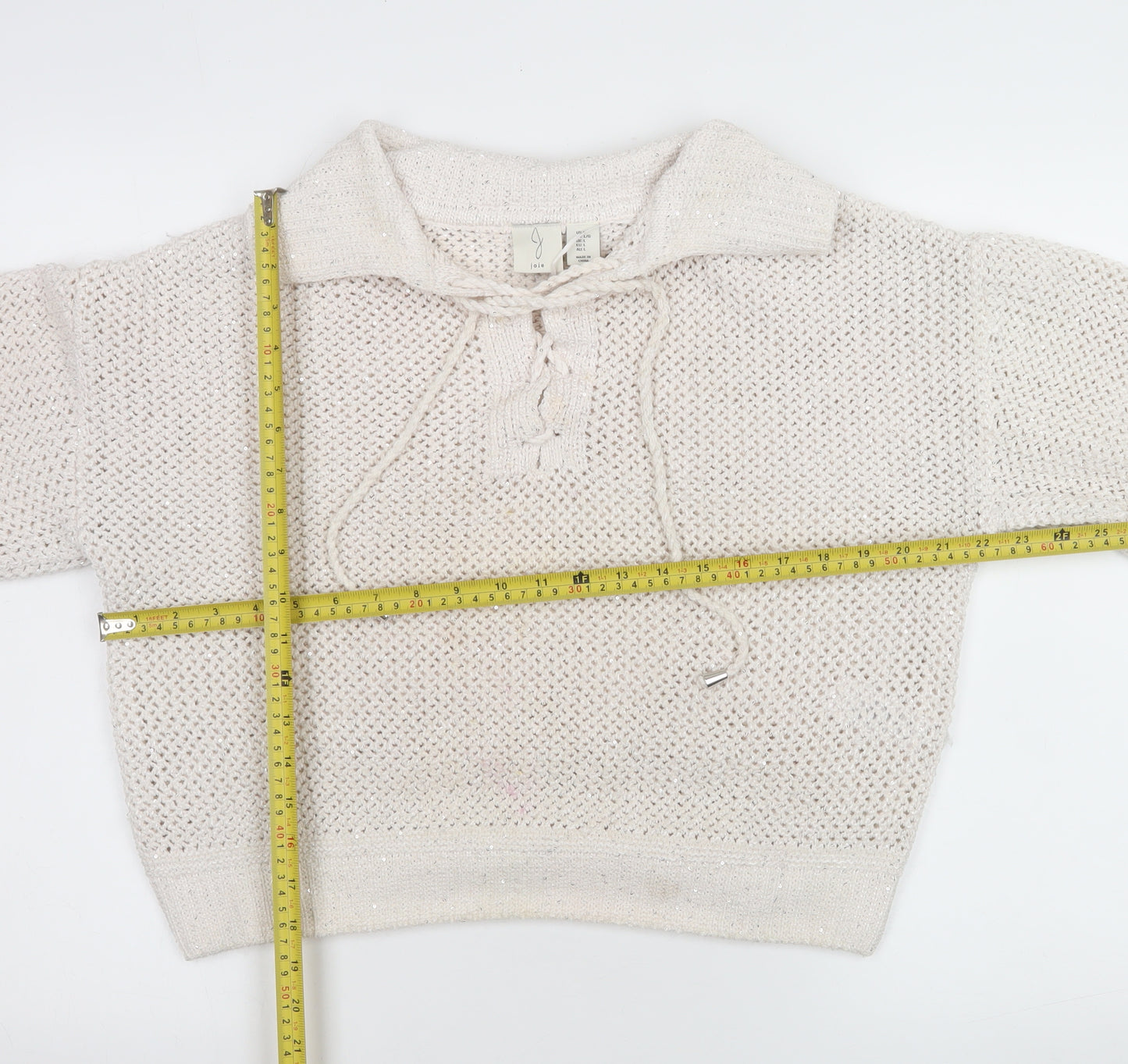 Joie Women's Ivory Open-Knit Sequin Collared Pullover Jumper Size L