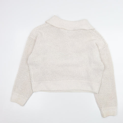 Joie Women's Ivory Open-Knit Sequin Collared Pullover Jumper Size L