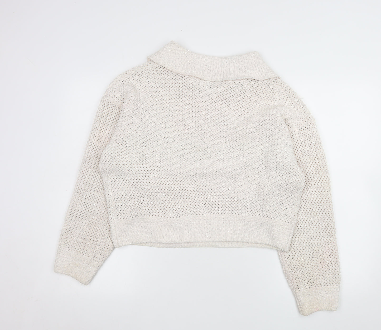 Joie Women's Ivory Open-Knit Sequin Collared Pullover Jumper Size L