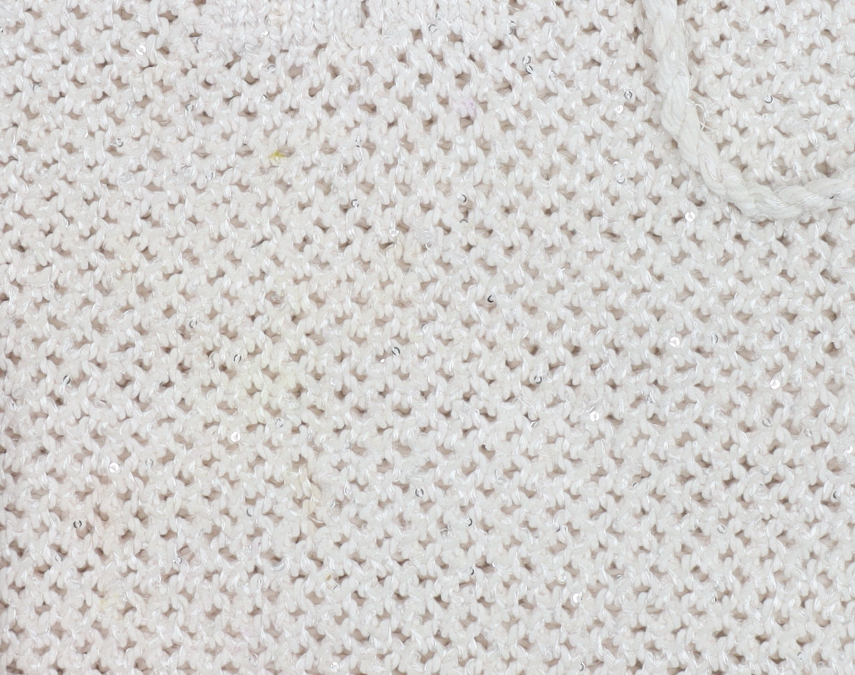 Joie Women's Ivory Open-Knit Sequin Collared Pullover Jumper Size L