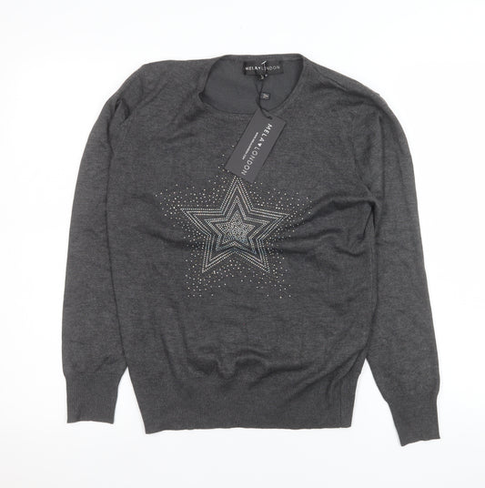 Mela London Women Grey Star Rhinestone Pullover Jumper Size S