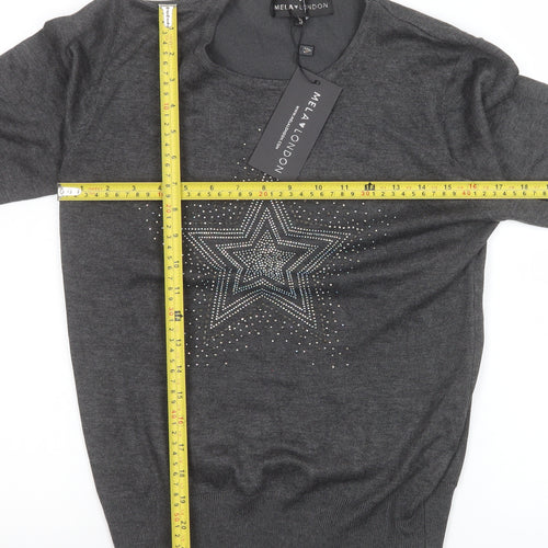 Mela London Women Grey Star Rhinestone Pullover Jumper Size S