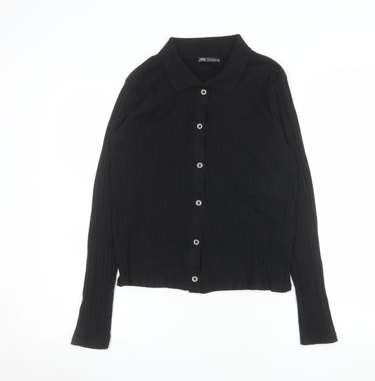 Zara Women Black XL Collared Button-Up Long Sleeve Cotton Shirt