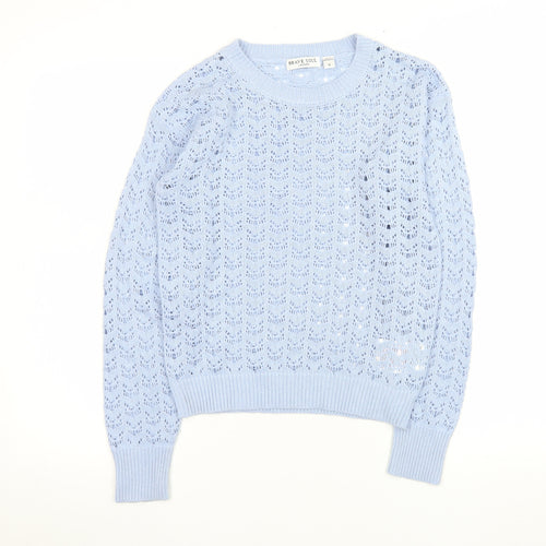 Brave Soul Women's Blue Open-Knit Crew Neck Jumper Size S