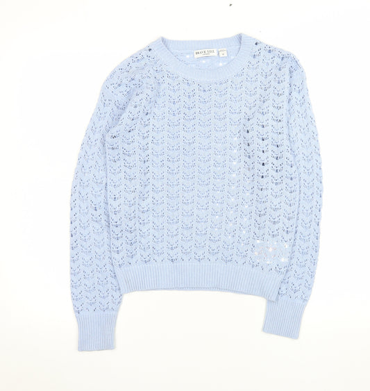 Brave Soul Women's Blue Open-Knit Crew Neck Jumper Size S