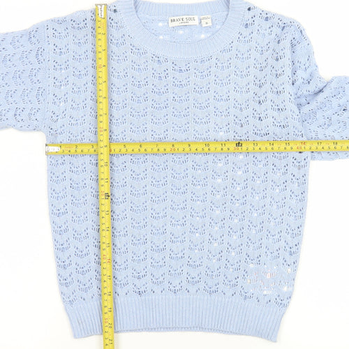 Brave Soul Women's Blue Open-Knit Crew Neck Jumper Size S