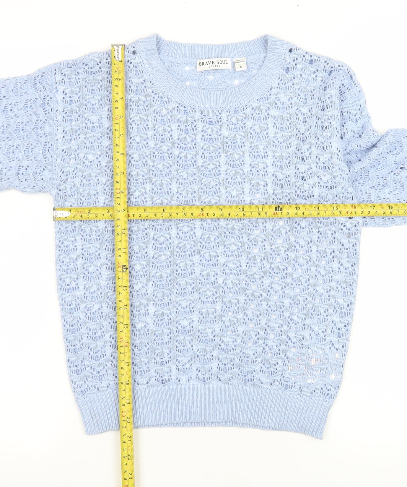 Brave Soul Women's Blue Open-Knit Crew Neck Jumper Size S