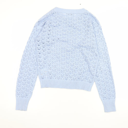 Brave Soul Women's Blue Open-Knit Crew Neck Jumper Size S