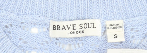 Brave Soul Women's Blue Open-Knit Crew Neck Jumper Size S