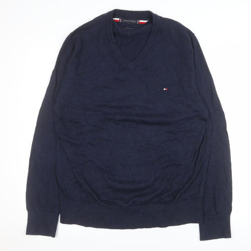 Tommy Hilfiger Men's Blue Cotton Cashmere V-Neck Jumper L