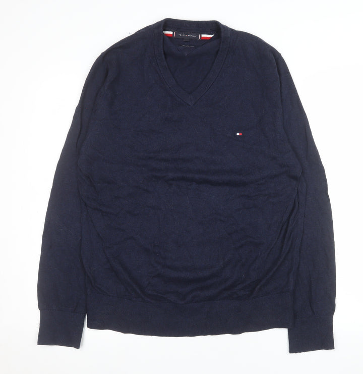 Tommy Hilfiger Men's Blue Cotton Cashmere V-Neck Jumper L
