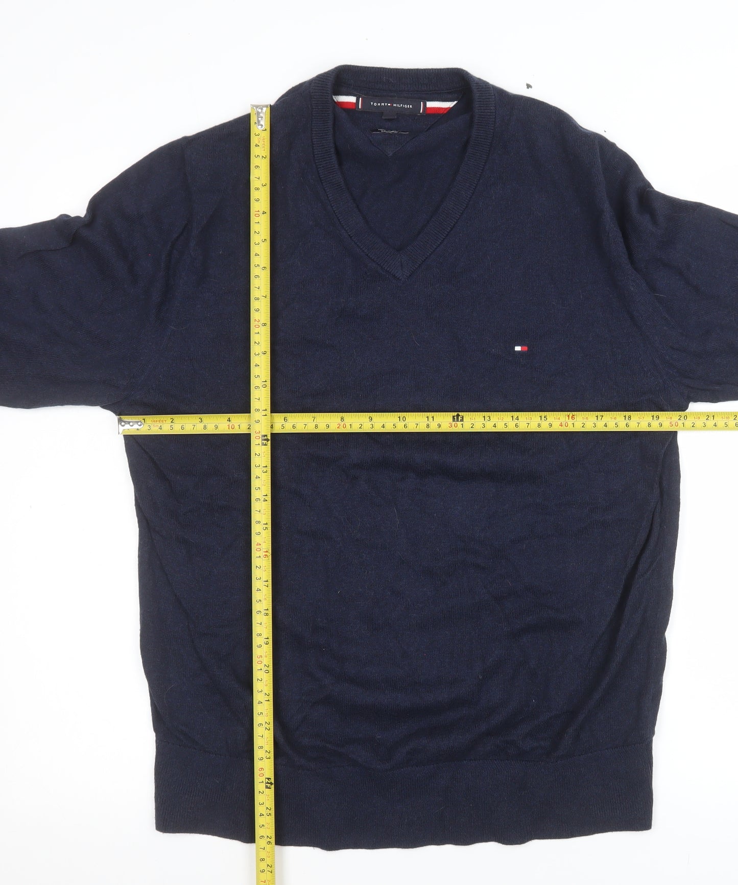 Tommy Hilfiger Men's Blue Cotton Cashmere V-Neck Jumper L