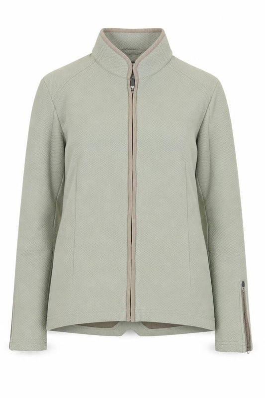 Front view of Rohan women’s green honeycomb softshell jacket, size M, lightweight zip