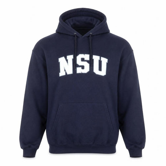 Front view of Champion Men's Blue NSU Pullover Hoodie, size L, College Fleece