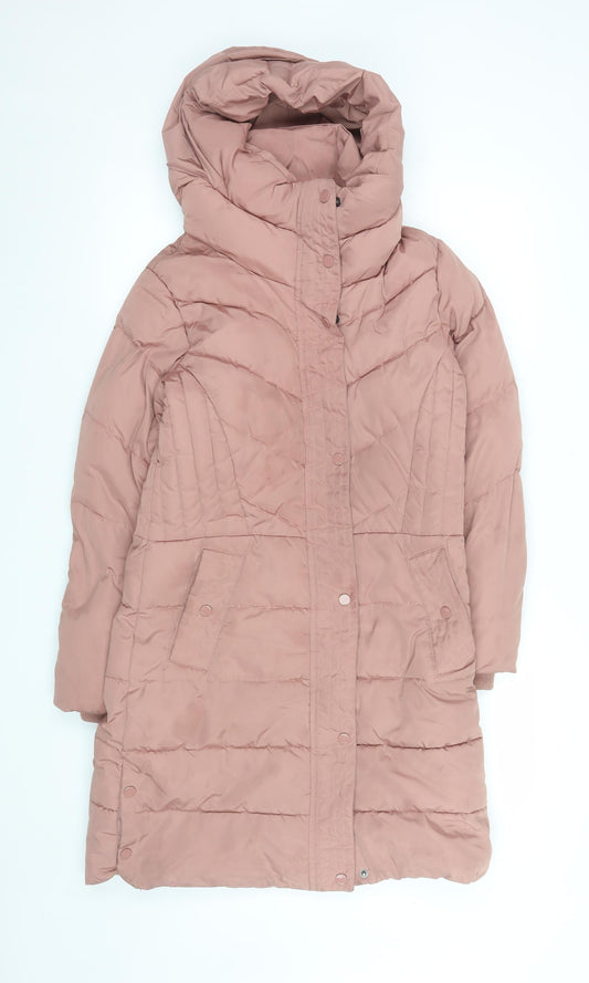 Next Women's Pink Long Puffer Coat Size 8 Petite Hooded Winter Jacket