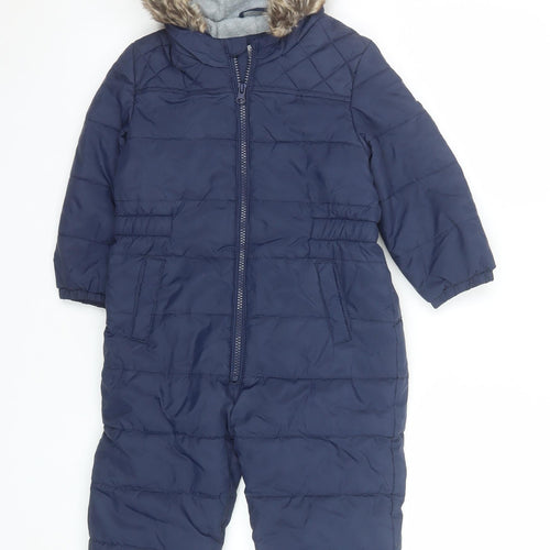 Tu Boys Blue Hooded Puffer Snowsuit 2-3 Years Faux Fur Trim Winter