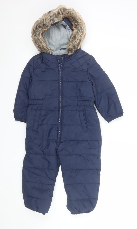 Tu Boys Blue Hooded Puffer Snowsuit 2-3 Years Faux Fur Trim Winter