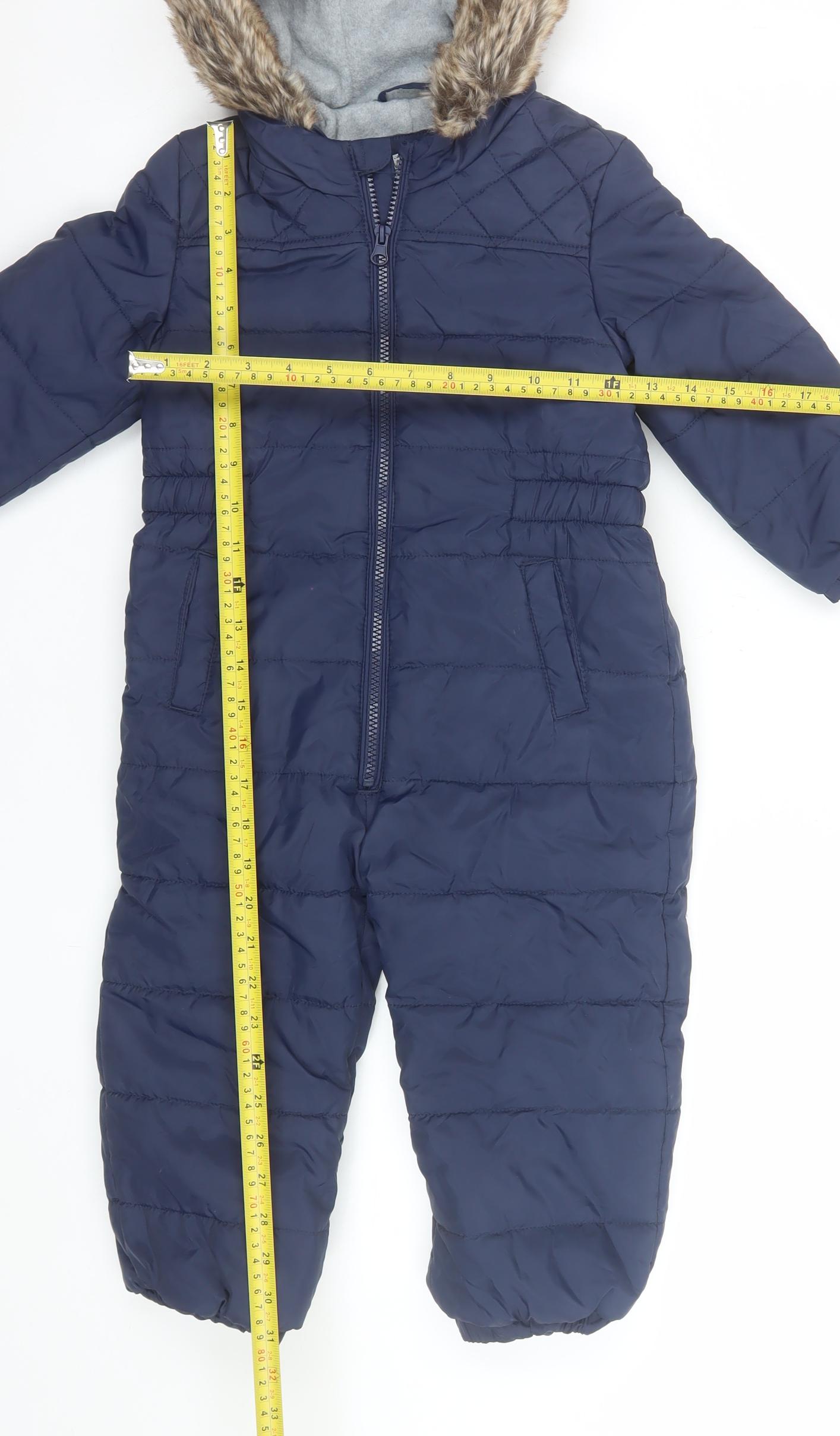 Tu Boys Blue Hooded Puffer Snowsuit 2-3 Years Faux Fur Trim Winter