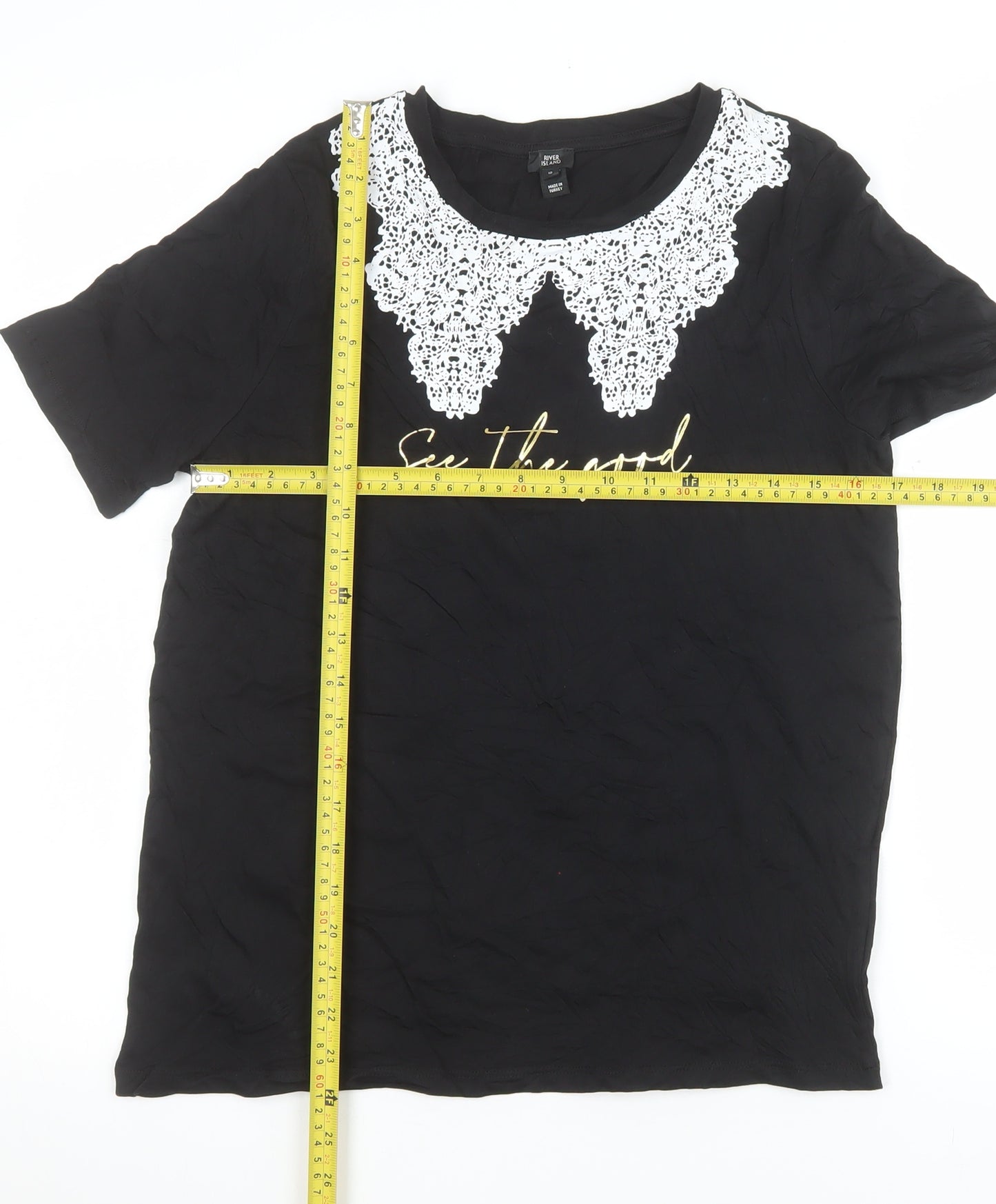 River Island Women’s Black Lace Collar T-Shirt Size 10