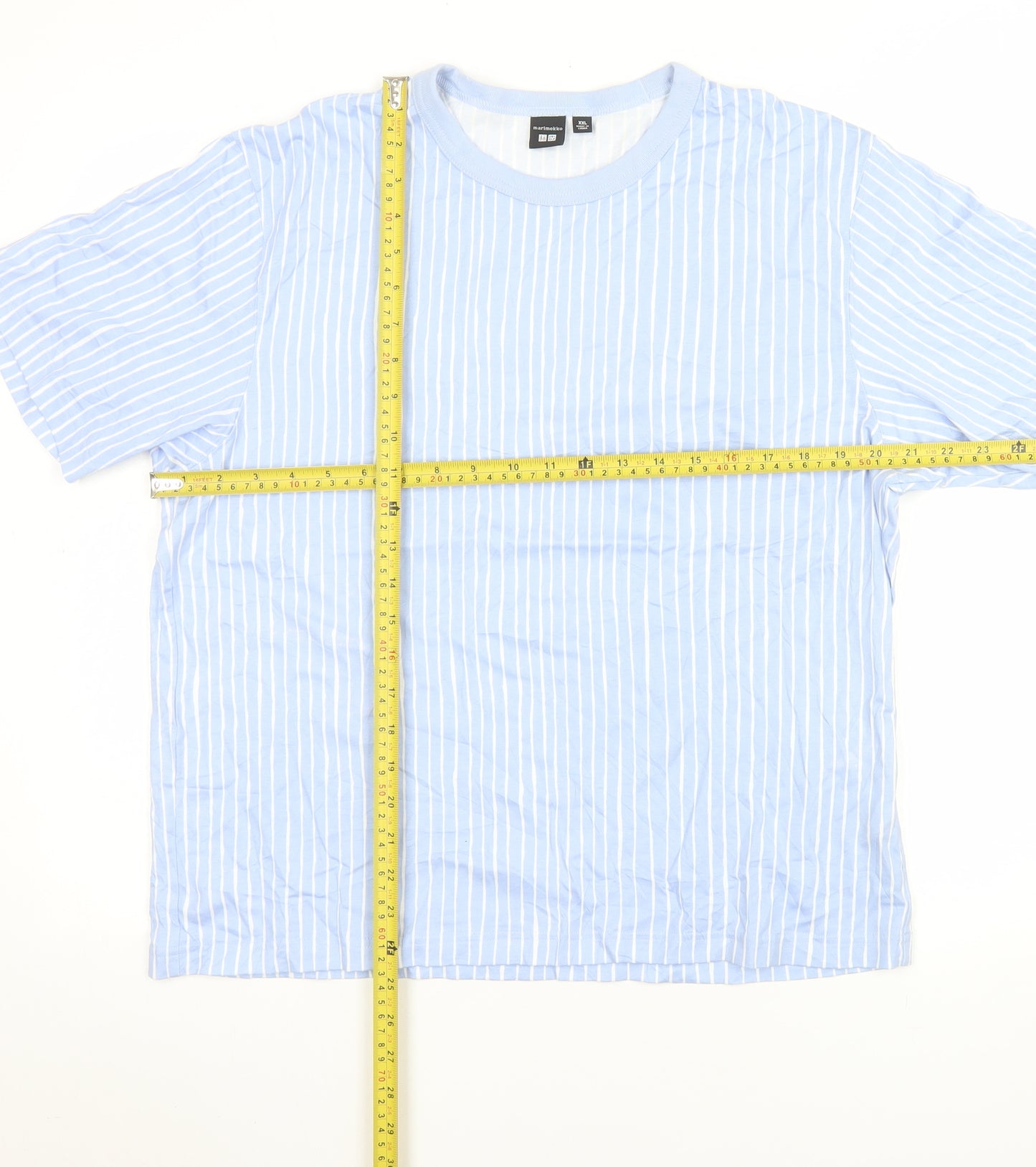 Uniqlo x Marimekko Men Blue Striped Cotton Crew Neck 2XL T-Shirt