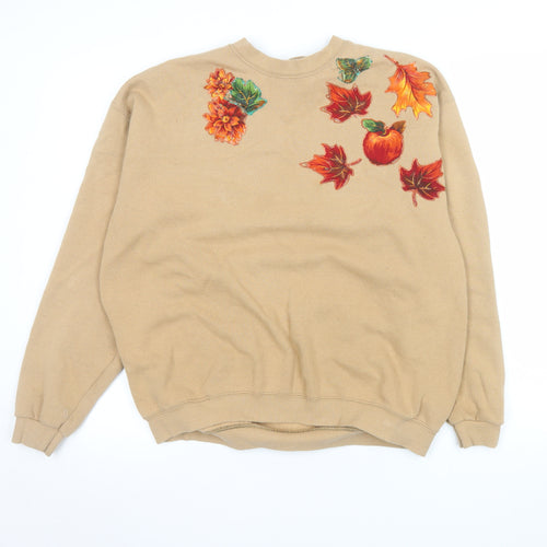 Lee Women Beige Autumn Leaf Print Crew Neck Pullover Sweatshirt L