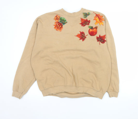 Lee Women Beige Autumn Leaf Print Crew Neck Pullover Sweatshirt L