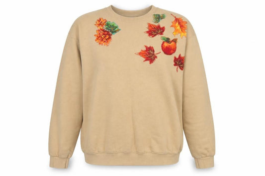 Front view of Lee Women Beige Autumn Leaf Print Crew Neck Pullover Sweatshirt L