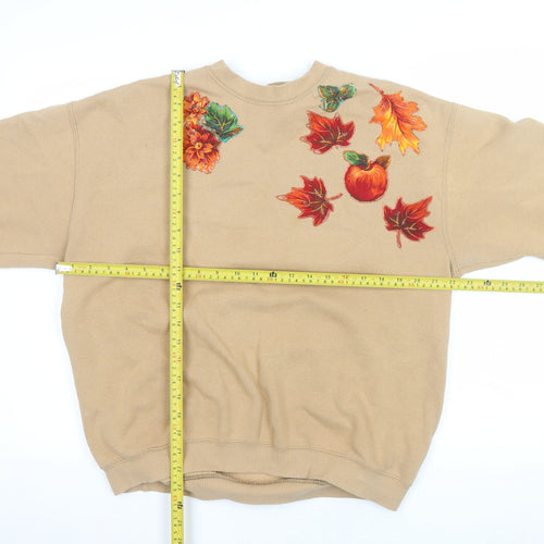 Lee Women Beige Autumn Leaf Print Crew Neck Pullover Sweatshirt L