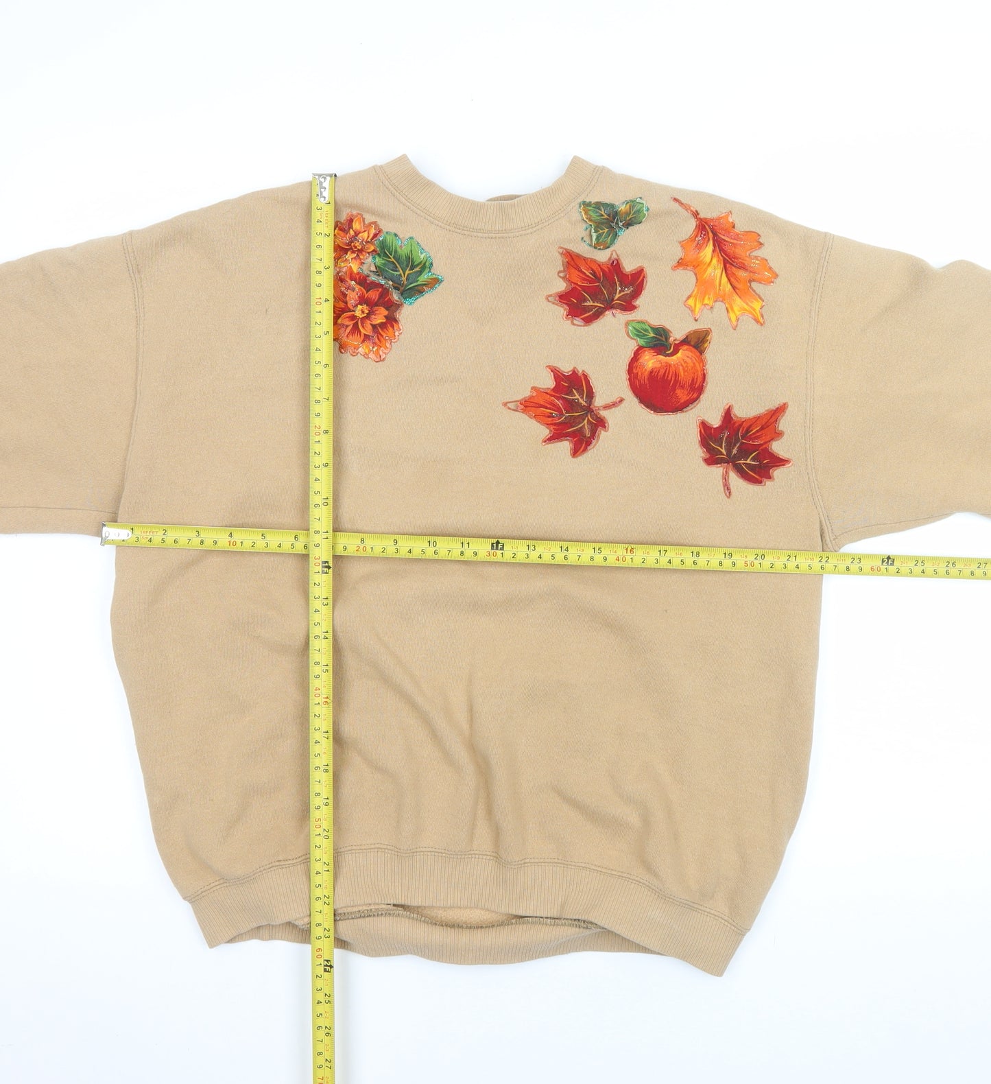 Lee Women Beige Autumn Leaf Print Crew Neck Pullover Sweatshirt L