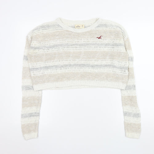 Hollister Women's Beige Striped Knit Crop Pullover Jumper M