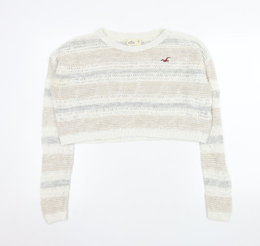 Hollister Women's Beige Striped Knit Crop Pullover Jumper M
